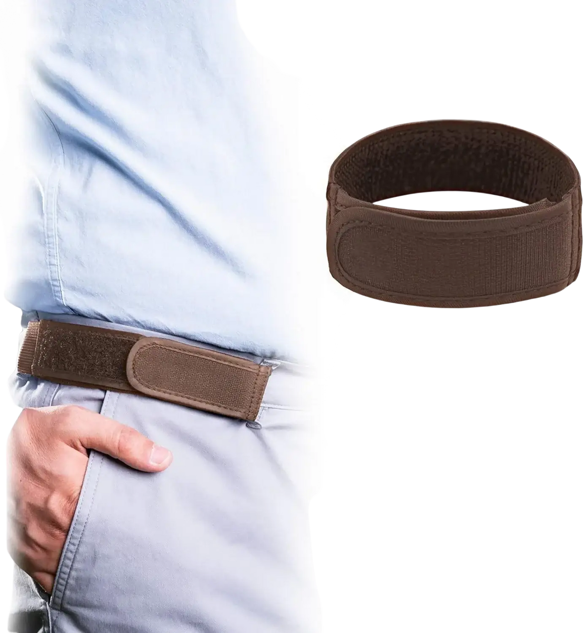 Brown elastic waist support belt with velcro closure for men adjustable no buckle waist band design