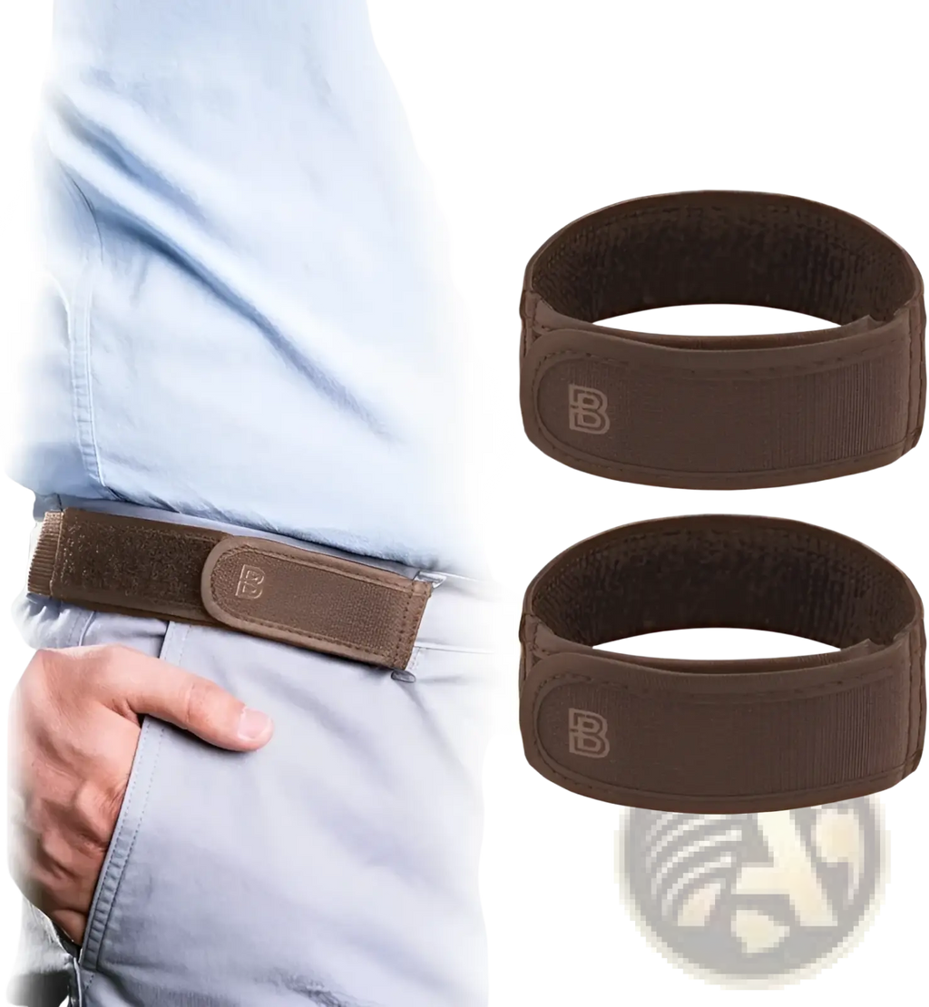 Men elastic no buckle belt in brown with matte finish and subtle b logo on elastic adjustable waistband