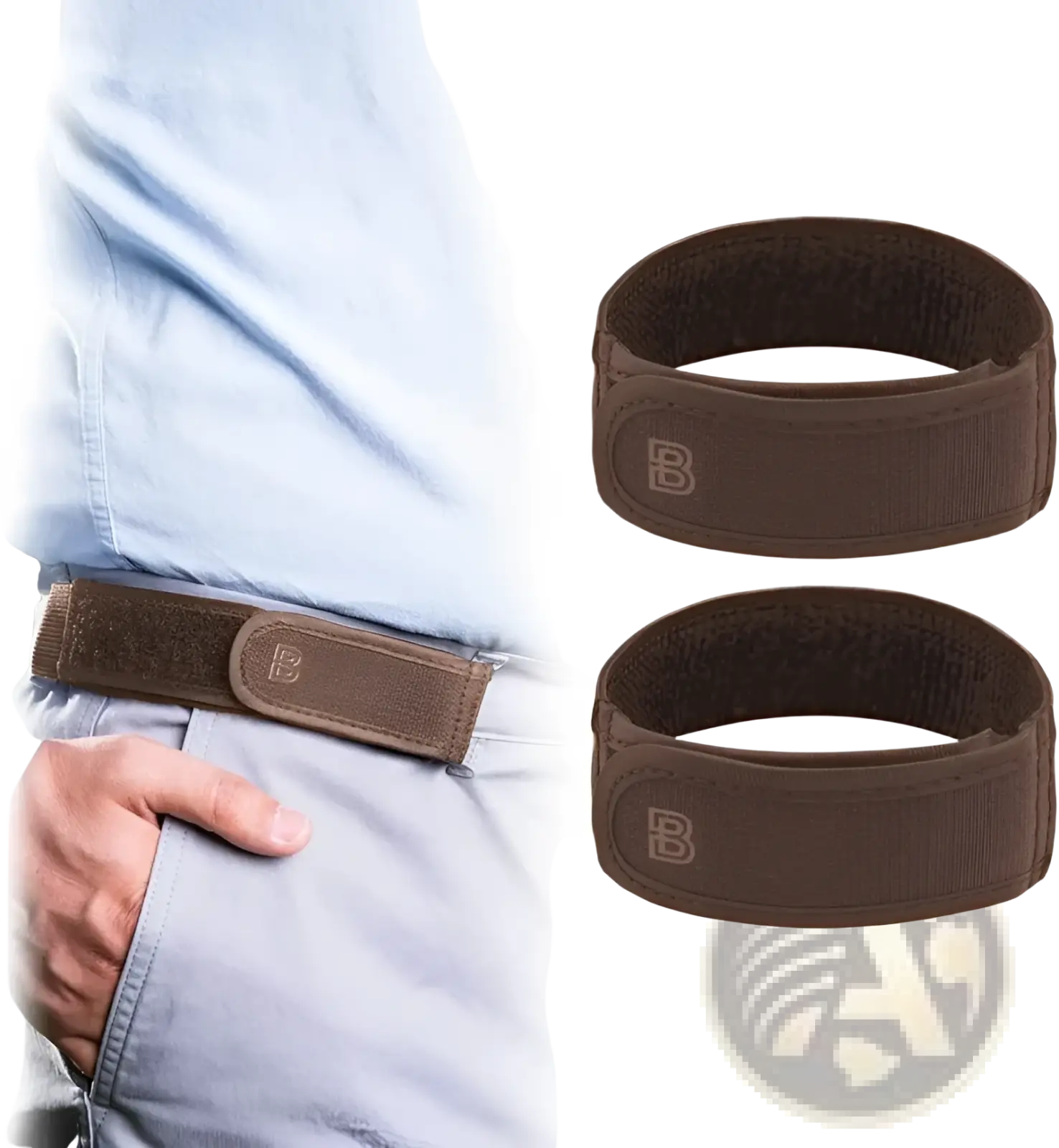 Men elastic no buckle belt in brown with matte finish and subtle b logo on elastic adjustable waistband