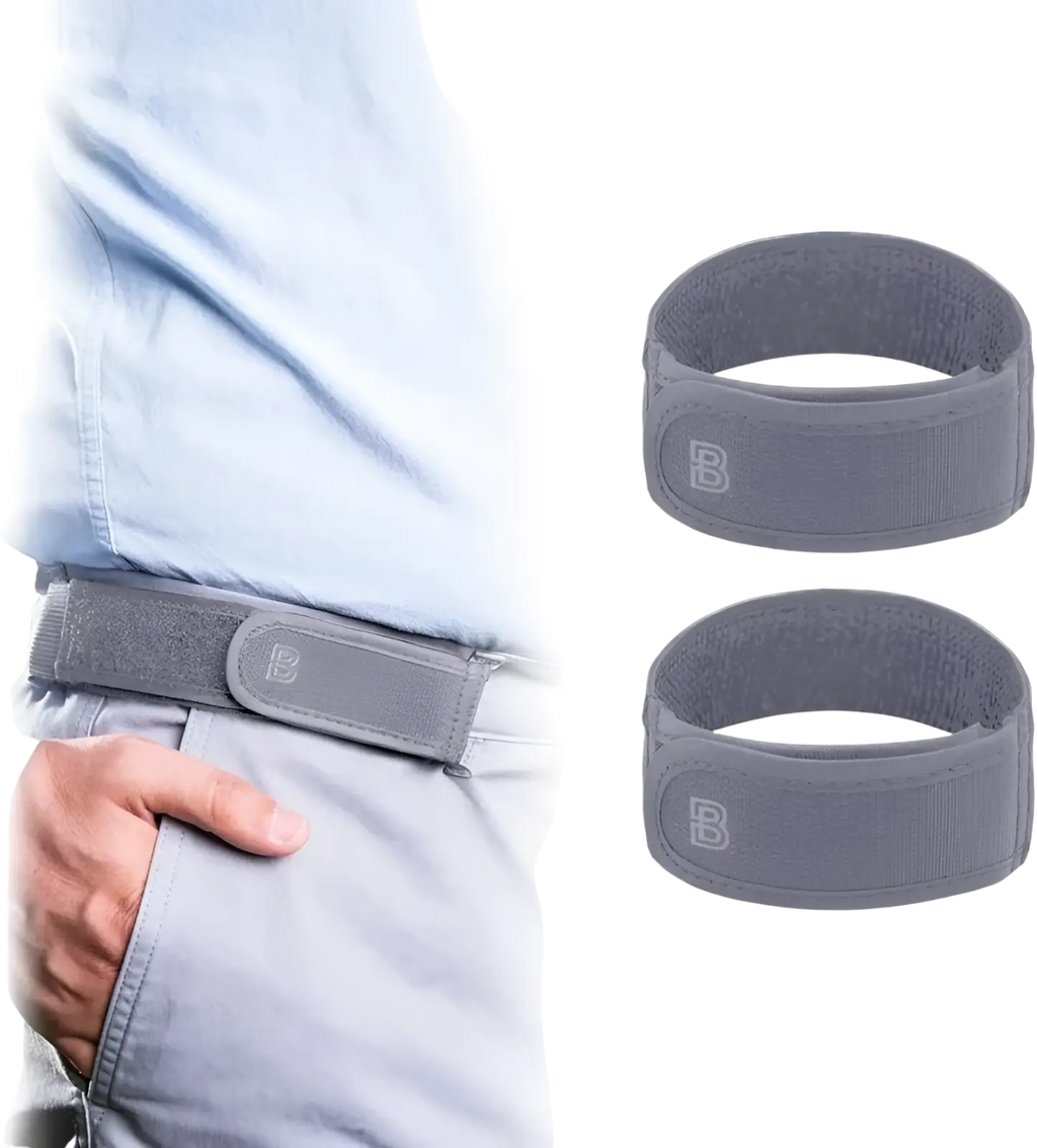 Men elastic no buckle belt with gray elastic belt loops and subtle b logo on the adjustable waistband buckle
