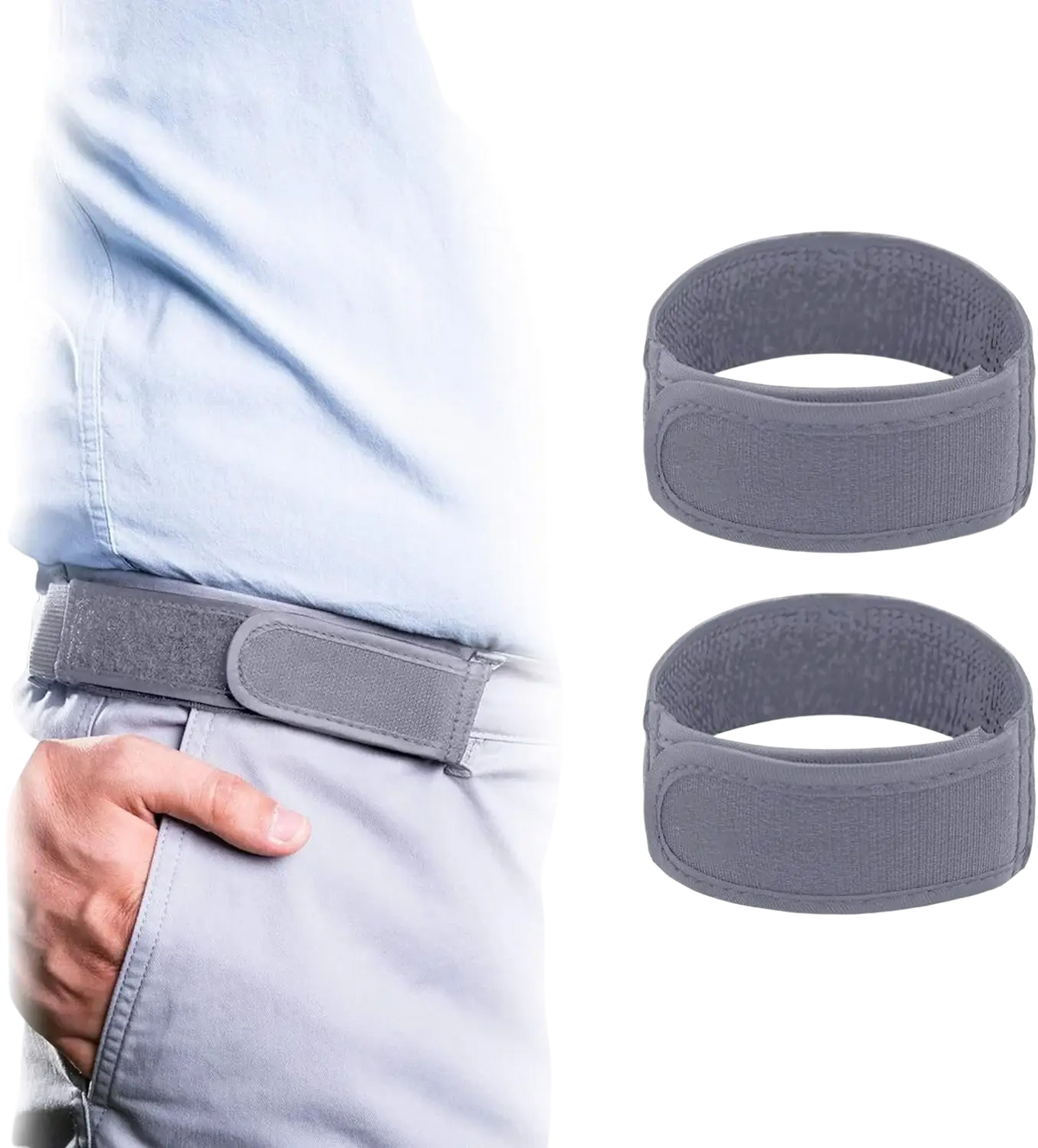Gray elastic no buckle belt with velcro closure shown as part of a two-piece adjustable waistband set for men