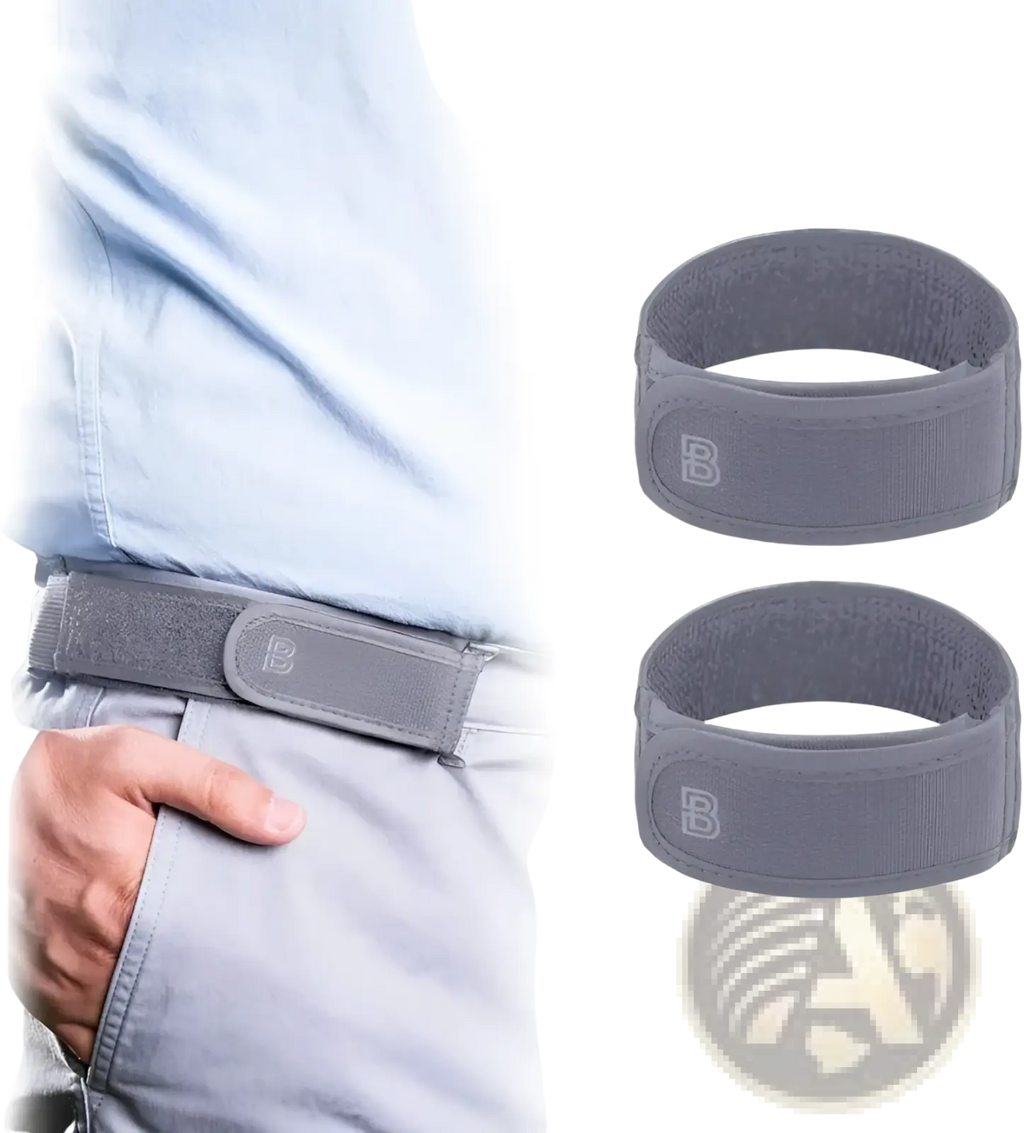 Men elastic no buckle belt with gray elastic belt loops and subtle b logo on the adjustable waistband buckle