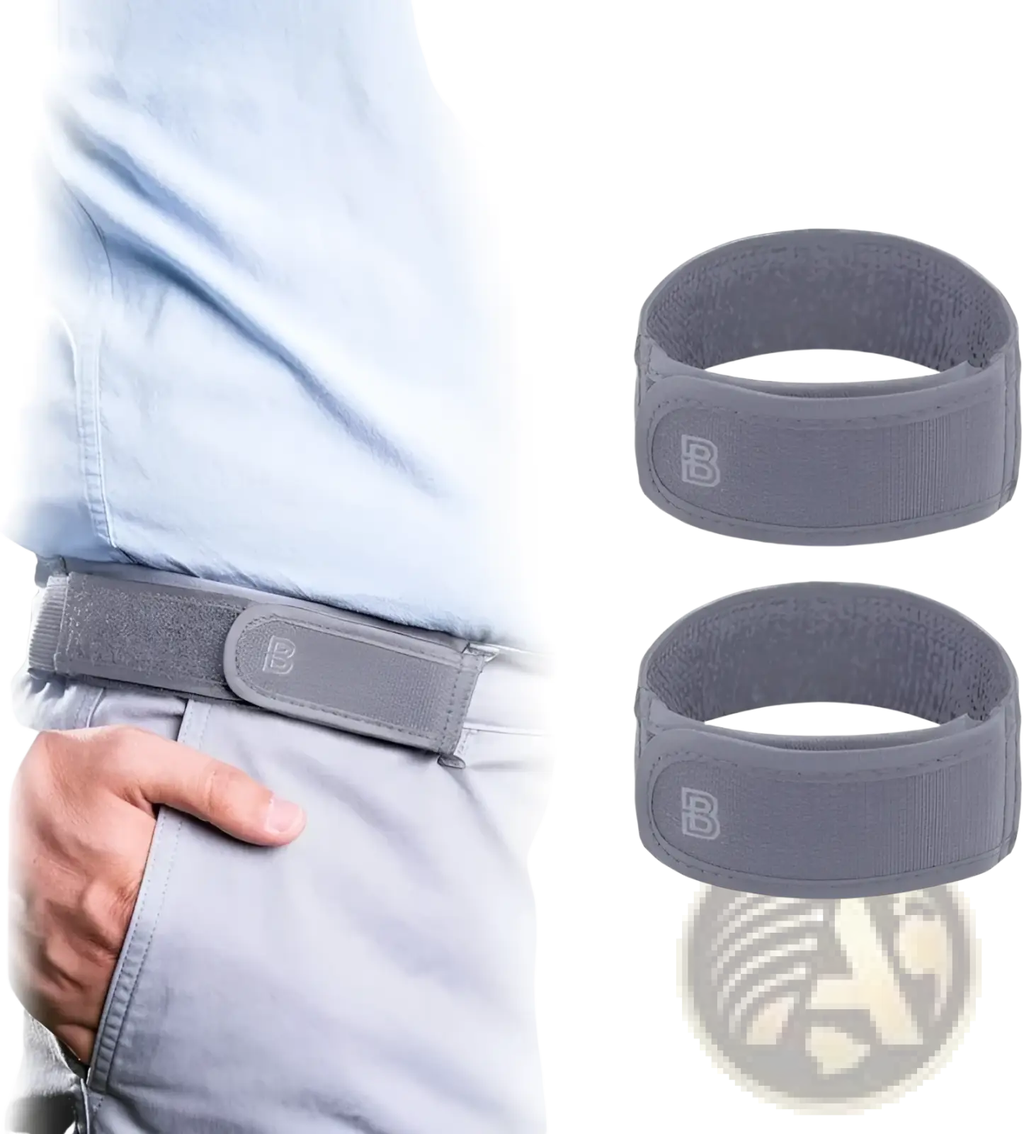 Men elastic no buckle belt with gray elastic belt loops and subtle b logo on the adjustable waistband buckle