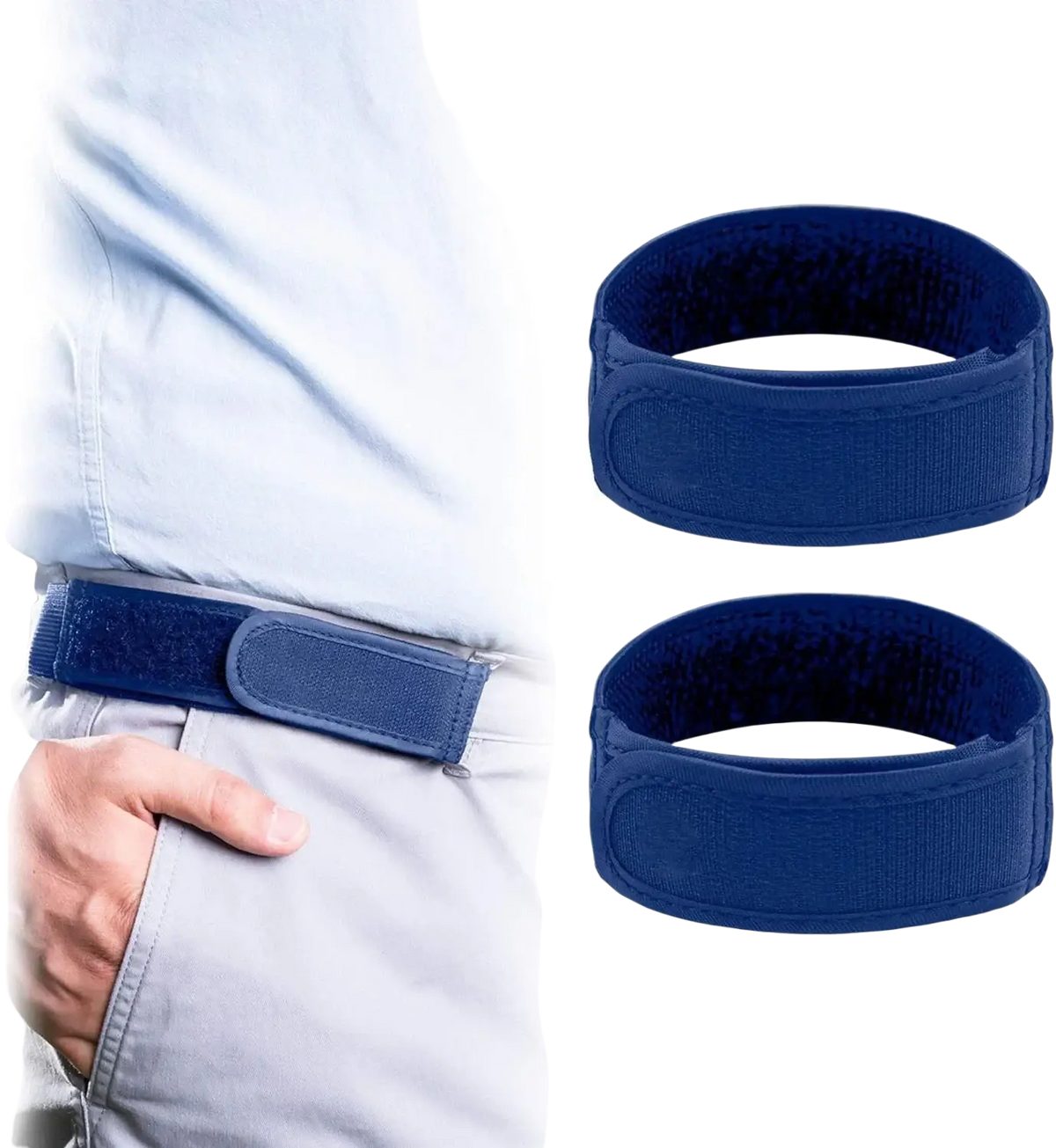 Men elastic no buckle belt in navy blue with velcro closure and soft inner lining for adjustable waist support