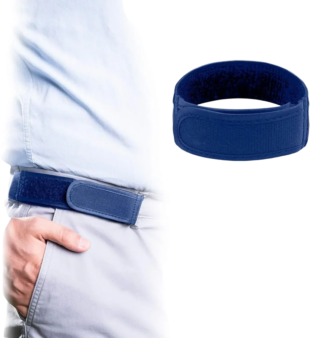 Navy blue men elastic no buckle belt with velcro closure and adjustable waist band for comfortable support