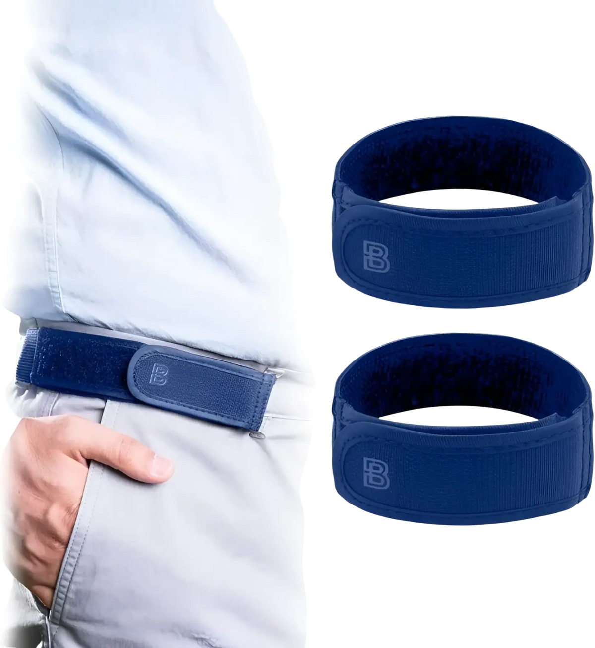Navy blue men elastic no buckle velcro belt with adjustable waistband and subtle embossed b logo on the buckle
