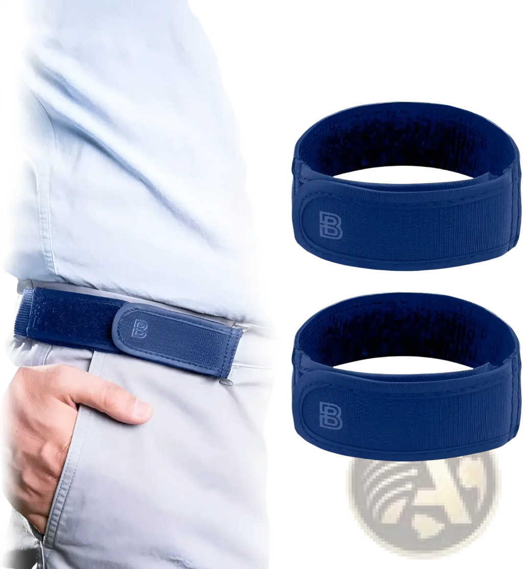 Navy blue men elastic no buckle velcro belt with adjustable waistband and subtle embossed b logo on the buckle