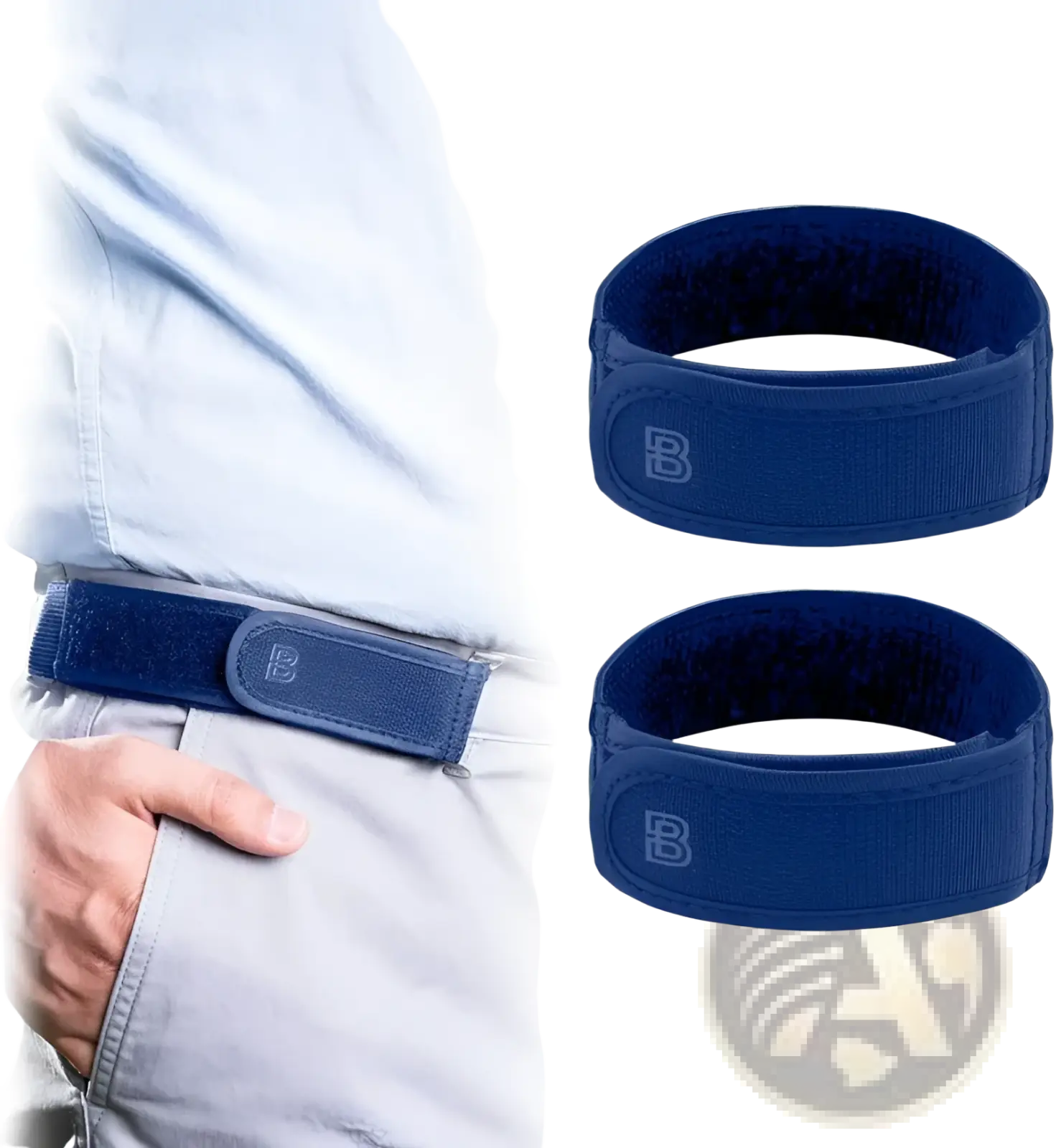 Navy blue men elastic no buckle velcro belt with adjustable waistband and subtle embossed b logo on the buckle