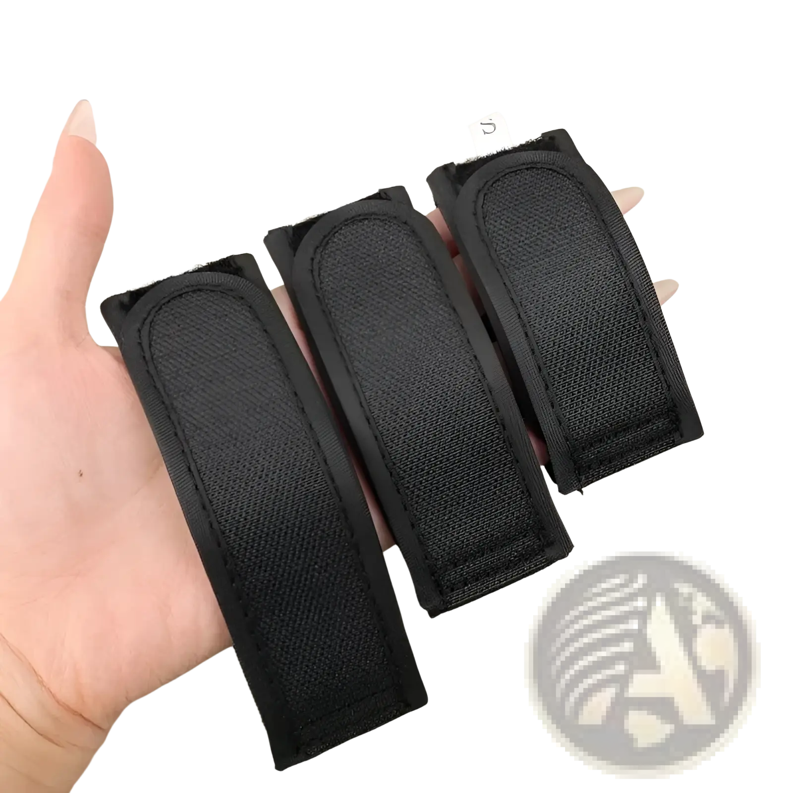 Three black elastic no buckle belt strap holders in fabric marked with size labels s m and l for adjustable waist band