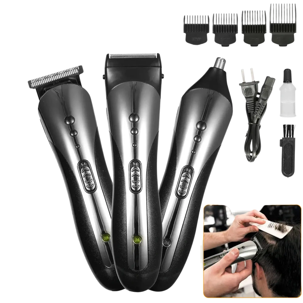 Black and silver men electric hair clipper 3-in-1 grooming kit set with multiple attachments for versatile use
