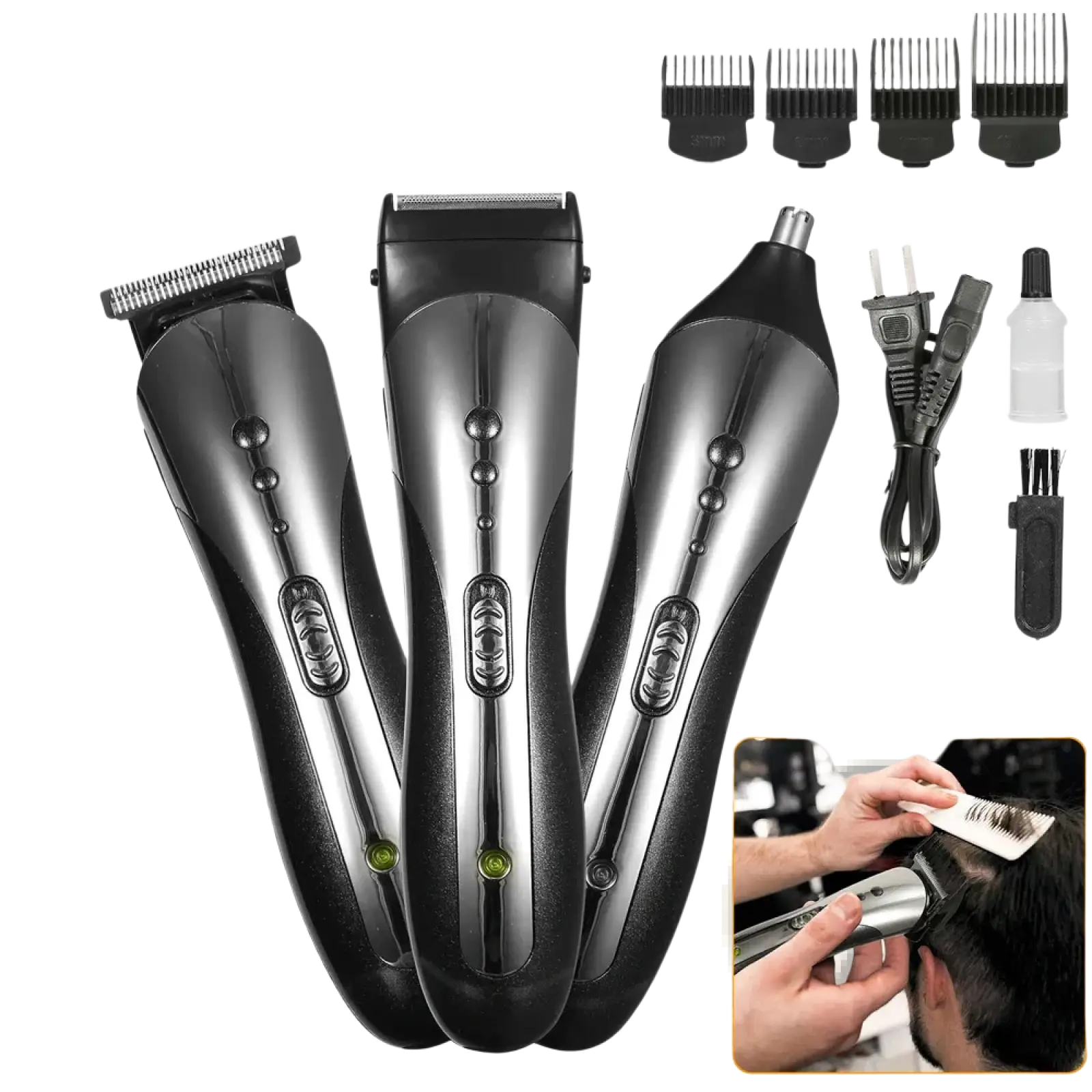 Black and silver men electric hair clipper 3-in-1 grooming kit set with multiple attachments for versatile use