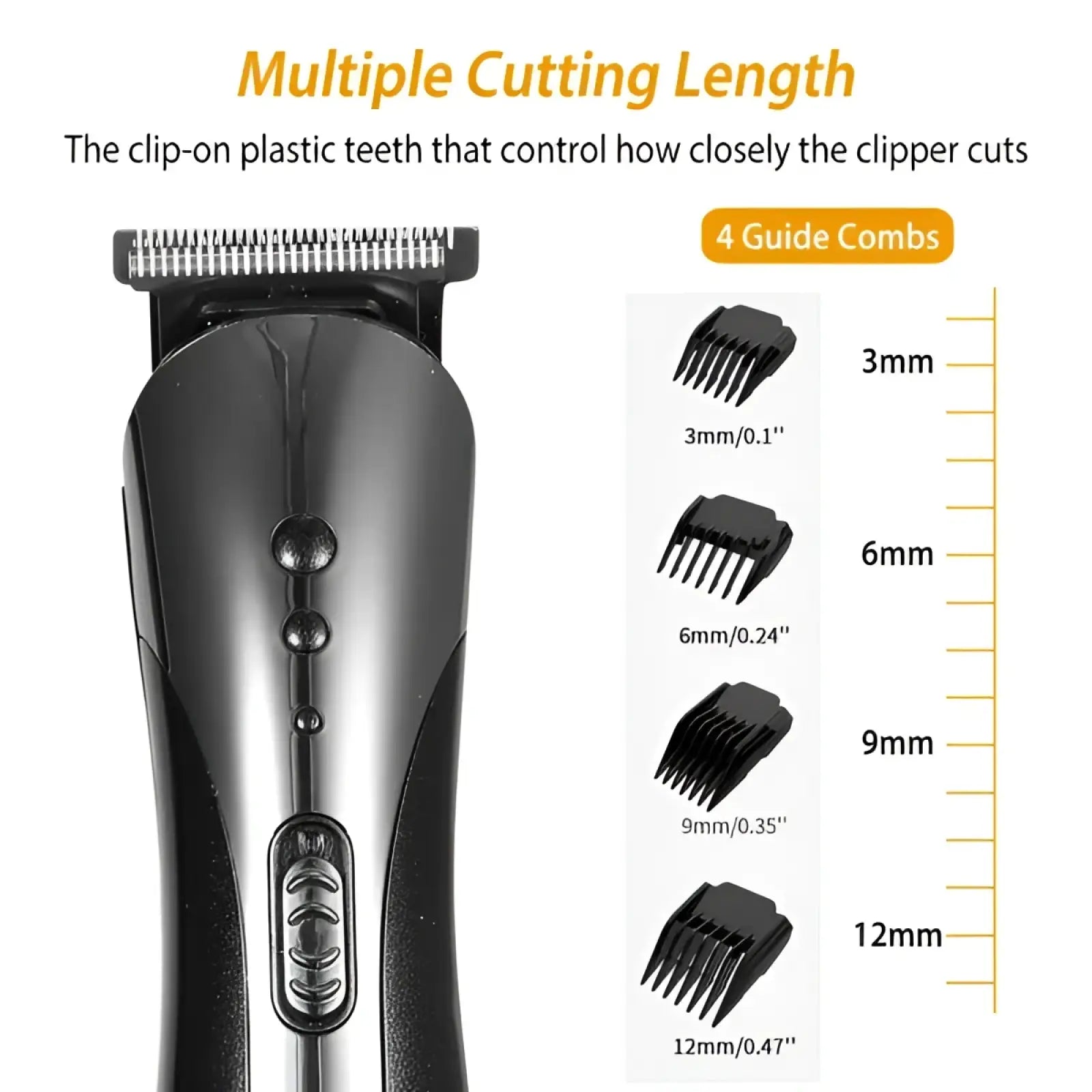 Black plastic men electric hair clipper with four interchangeable guide combs for multiple cutting lengths in grooming kit