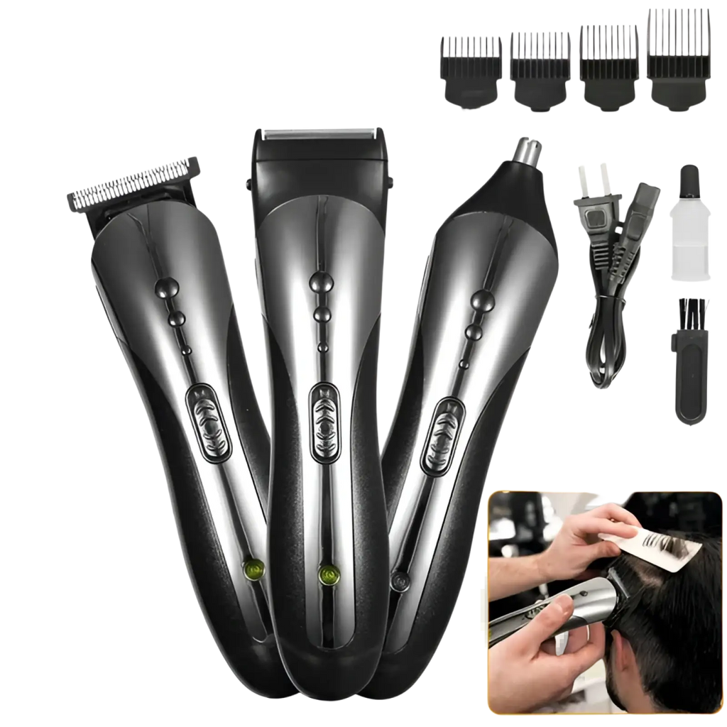 Men electric hair clipper 3-in-1 grooming kit set black and silver with multiple comb attachments and US plug adapter
