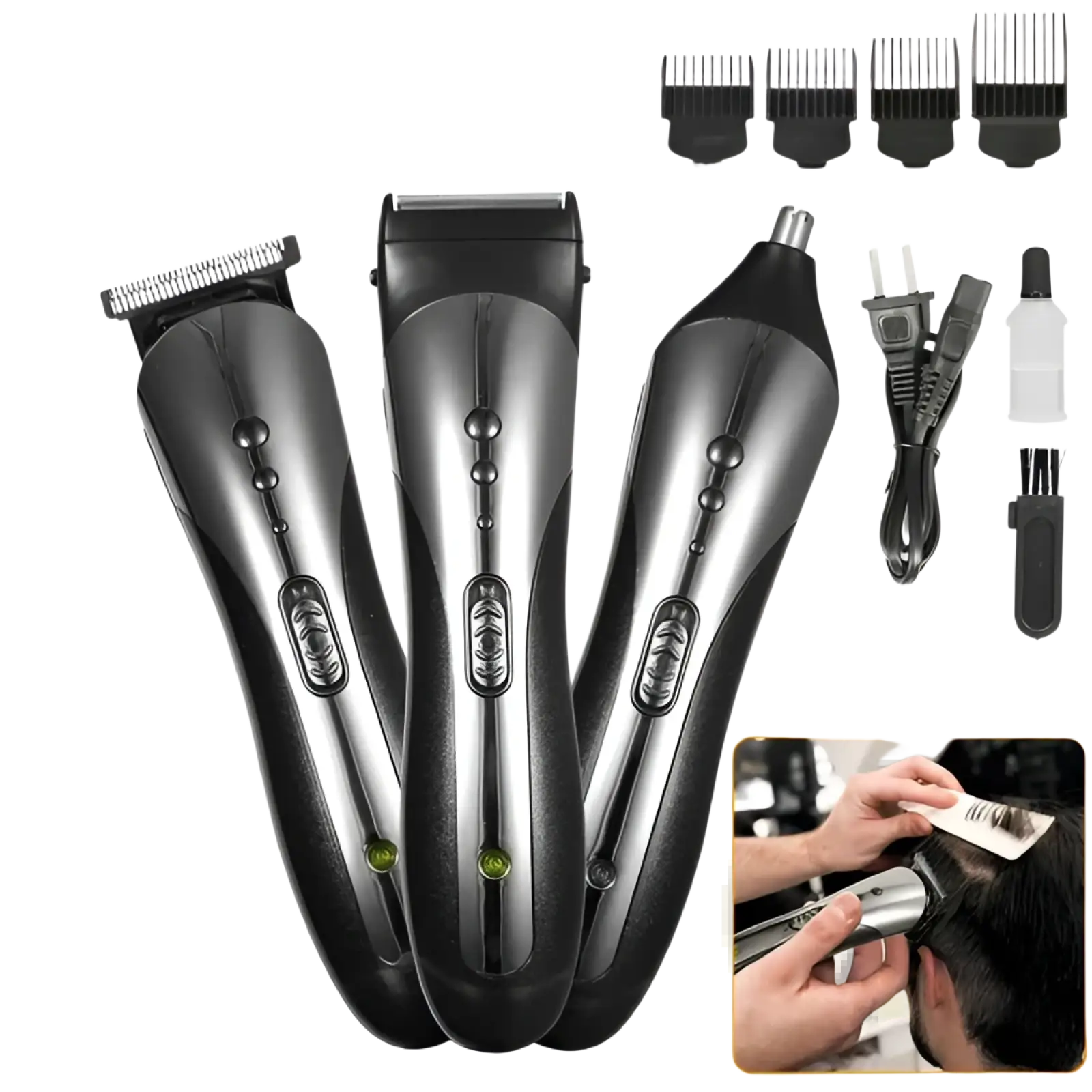 Men electric hair clipper 3-in-1 grooming kit set black and silver with multiple comb attachments and US plug adapter