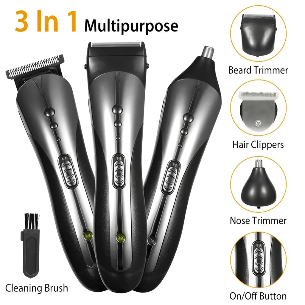 Black and silver men electric hair clipper 3-in-1 grooming kit featuring beard trimmer hair clippers and nose trimmer