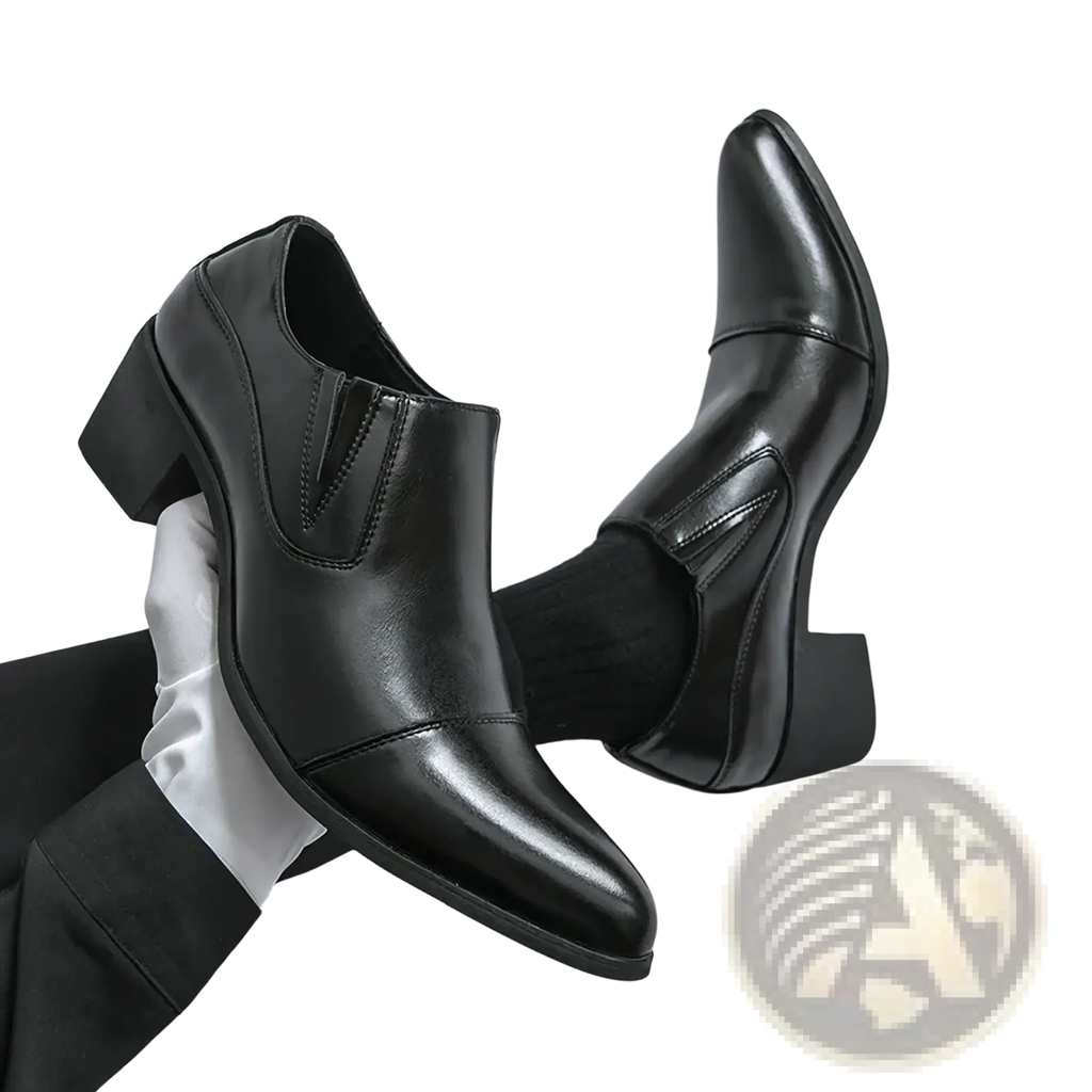 Black leather men elevator dress shoes slip on loafers with pointed toe and block heel for formal wear
