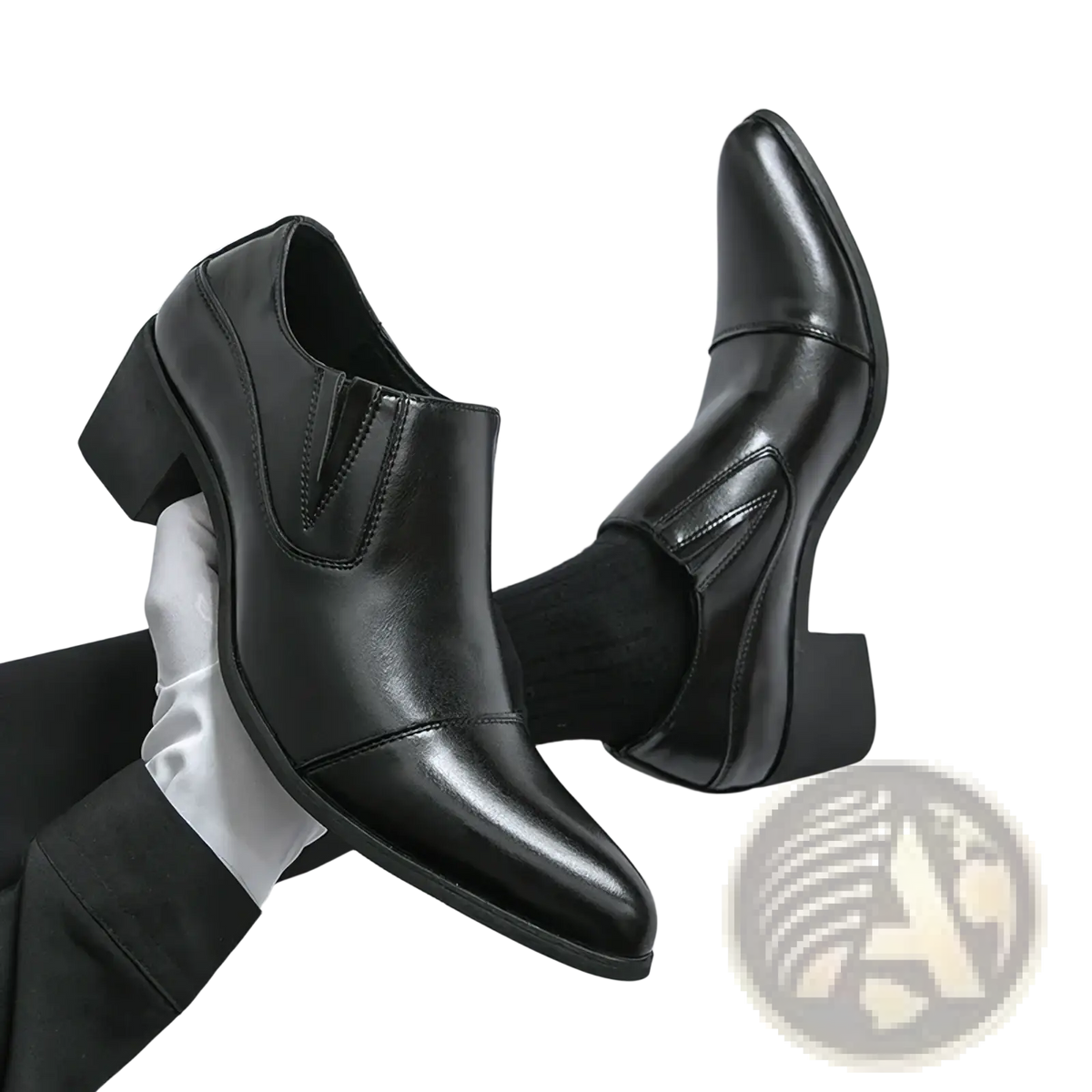 Black leather men elevator dress shoes slip on loafers with pointed toe and block heel for formal wear