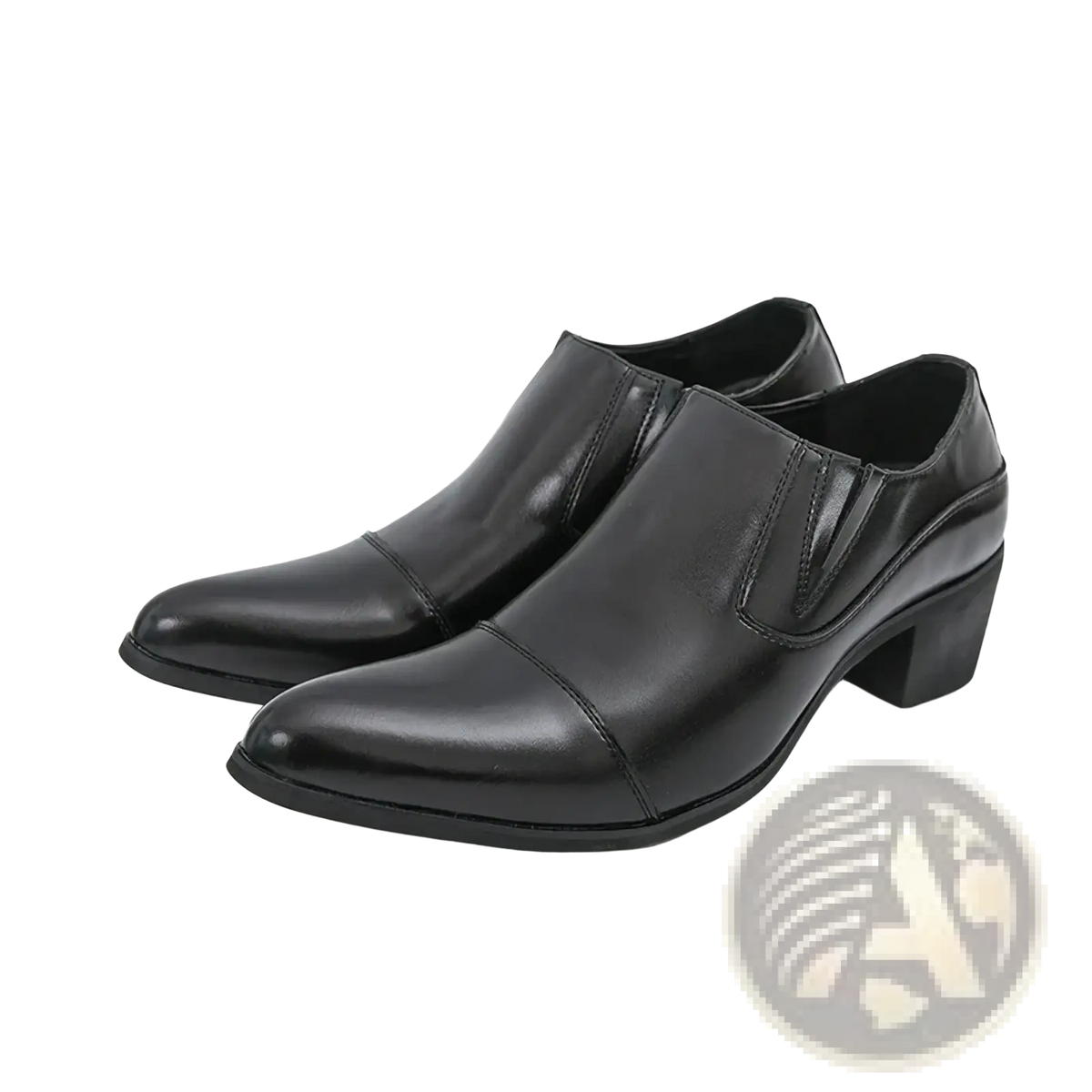 Black leather slip on men elevator dress shoes with a low block heel and pointed toe for formal wear