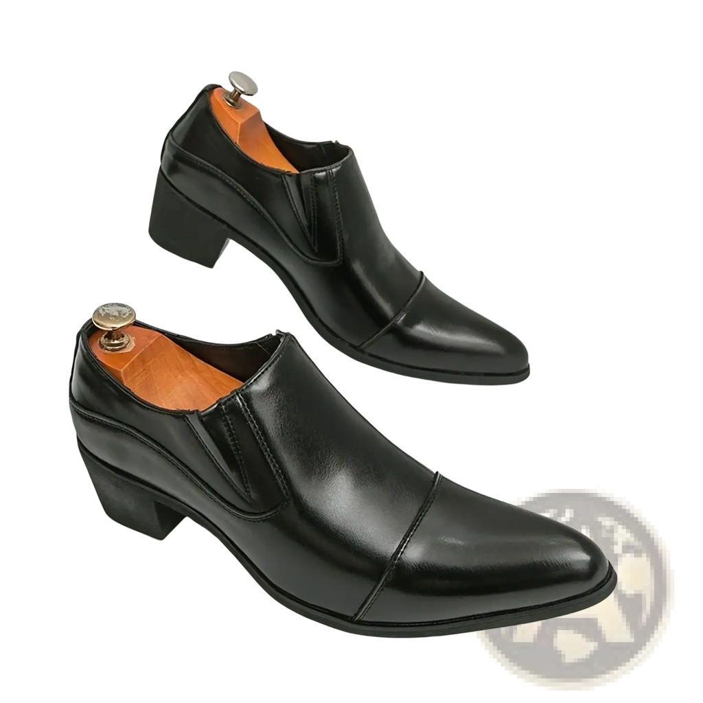 Black leather men elevator dress shoes slip on loafers with pointed toe and low block heel for formal wear