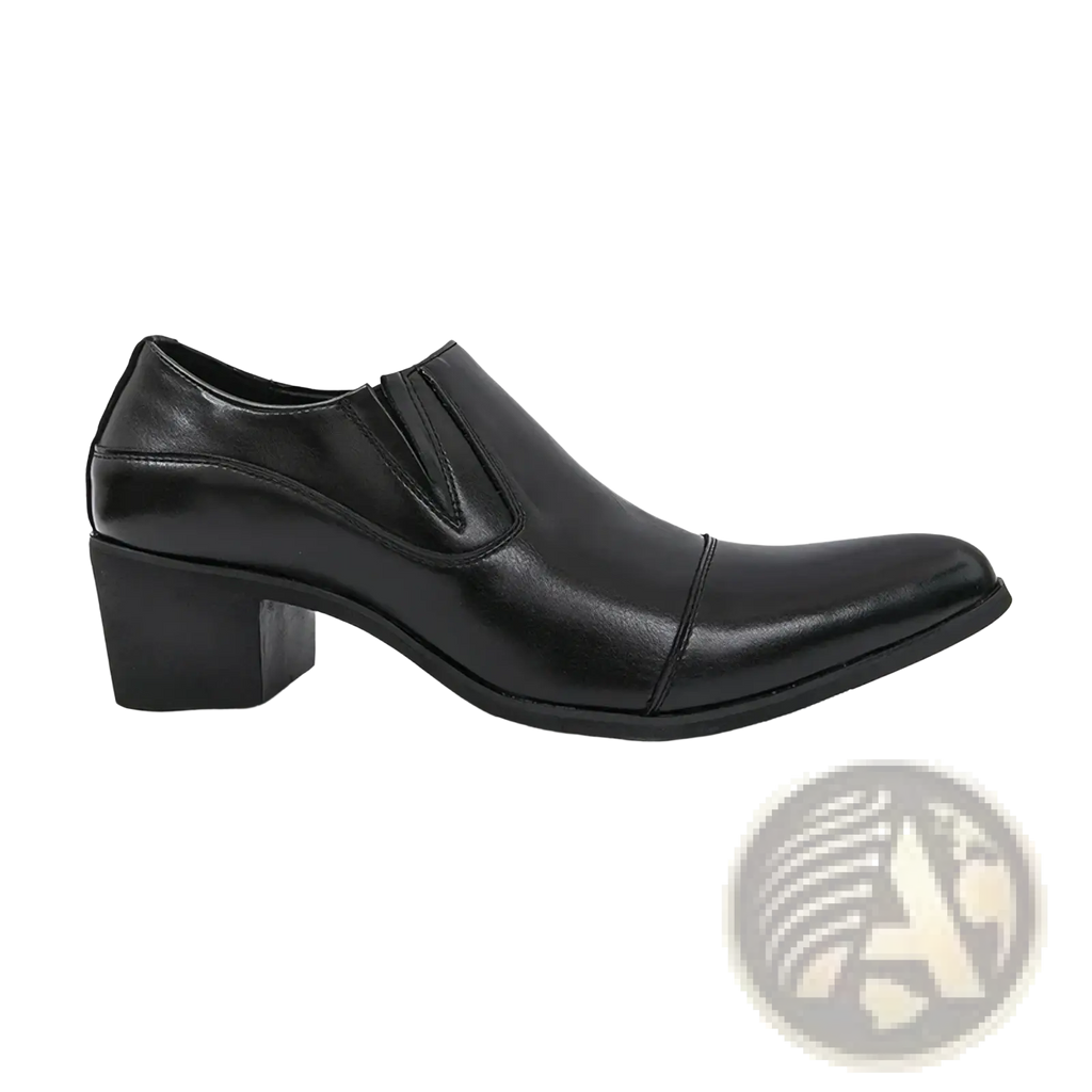 Black leather men’s slip-on dress shoe with a modest block heel from men elevator dress shoes leather slip on loafers collection