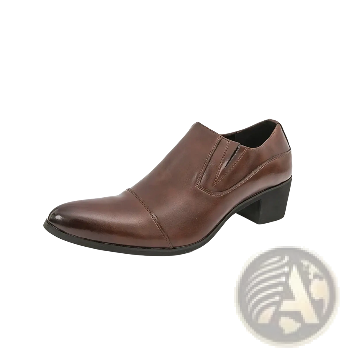 Brown leather men elevator dress shoes slip on loafers with low block heel and pointed toe