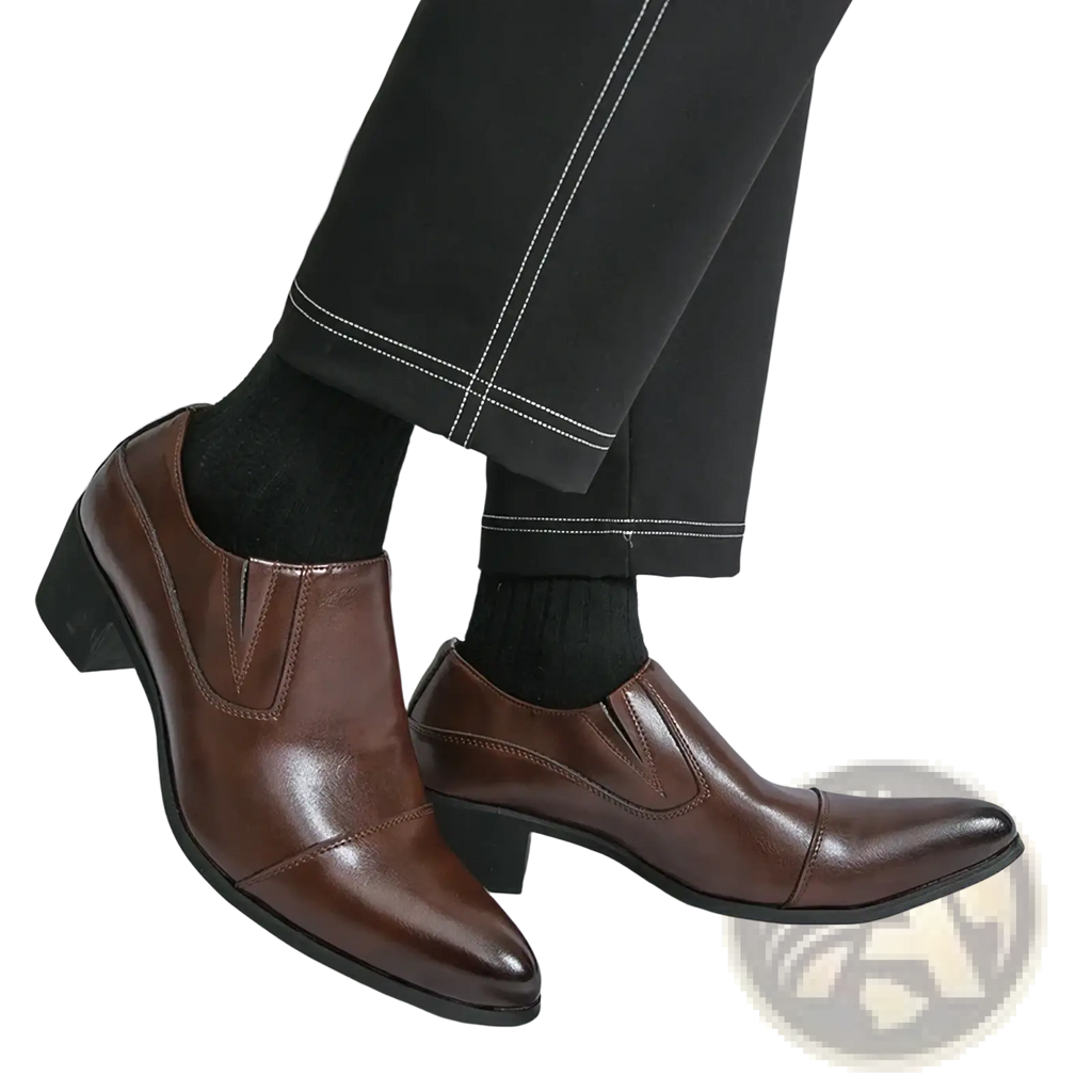 Brown leather slip-on men elevator dress shoes with pointed toe and low block heel for formal occasions