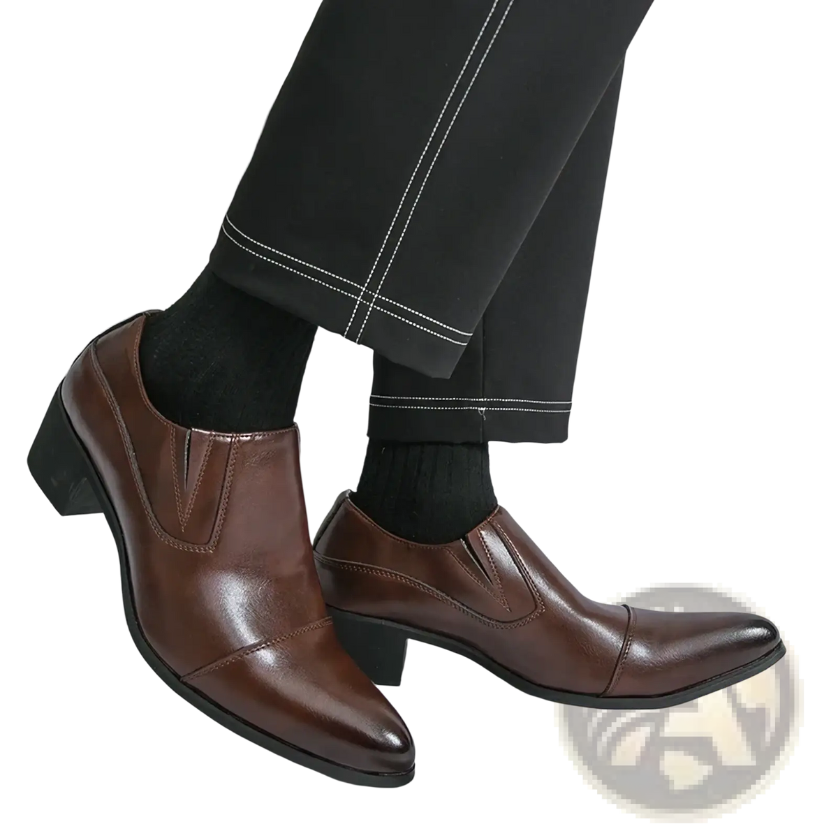 Brown leather slip-on men elevator dress shoes with pointed toe and low block heel for formal occasions