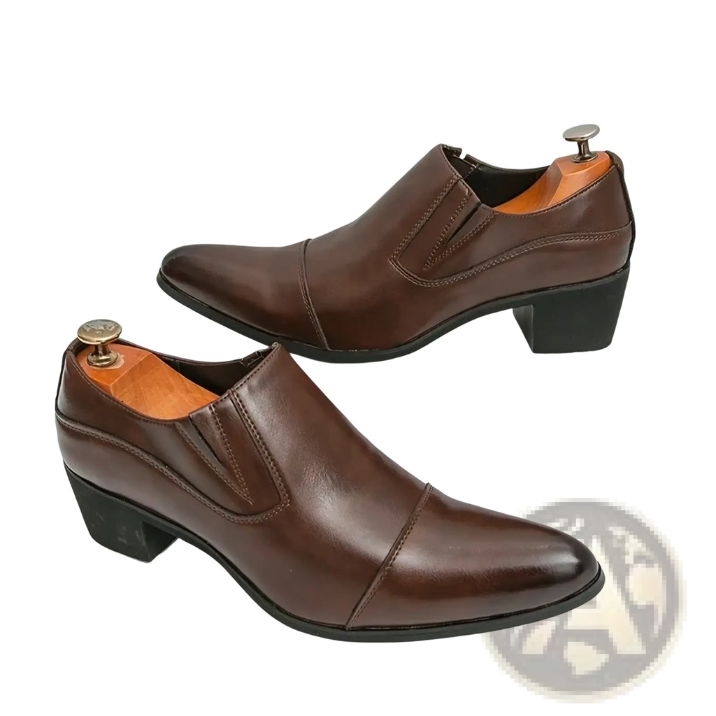 Brown leather men elevator dress shoes slip on loafers with medium heel and pointed toe for formal wear