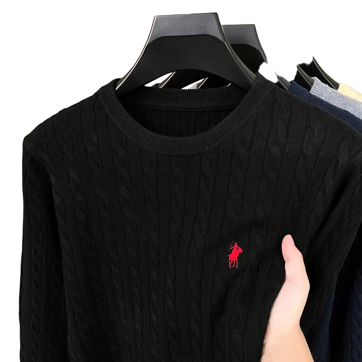 Men embroidered cable knit sweater in black with red embroidered polo player logo on chest