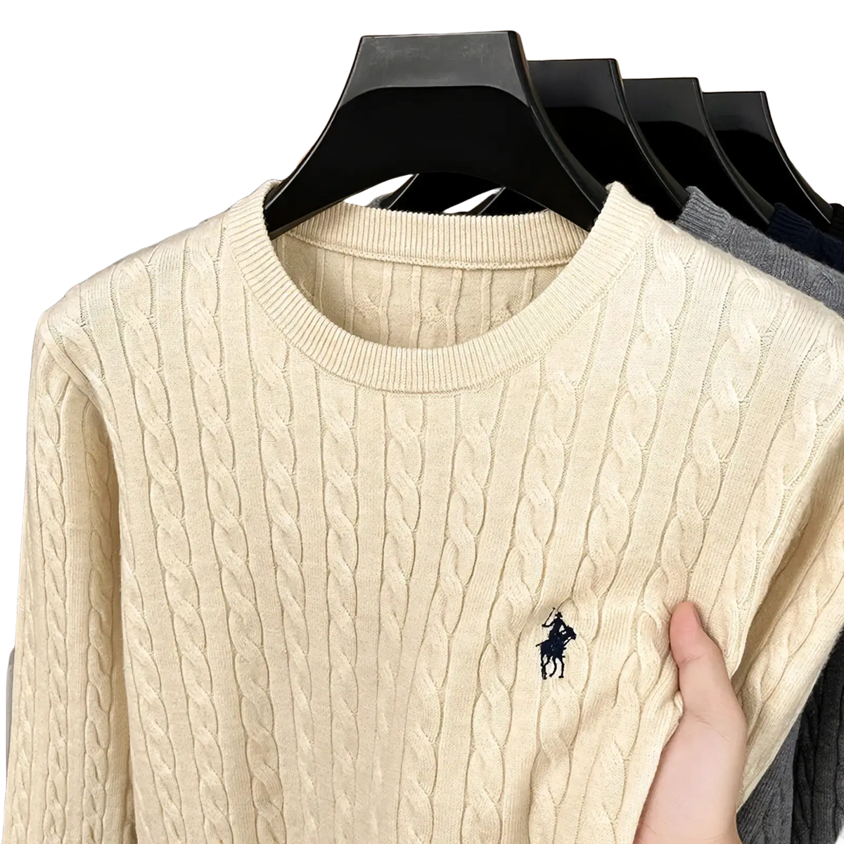 Men embroidered cable knit sweater in cream with navy blue embroidered Polo Ralph Lauren logo on the chest