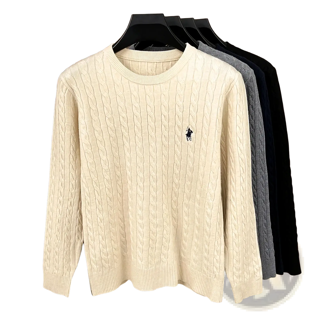 Men embroidered cable knit cream-colored sweater with small embroidered polo player logo on the chest
