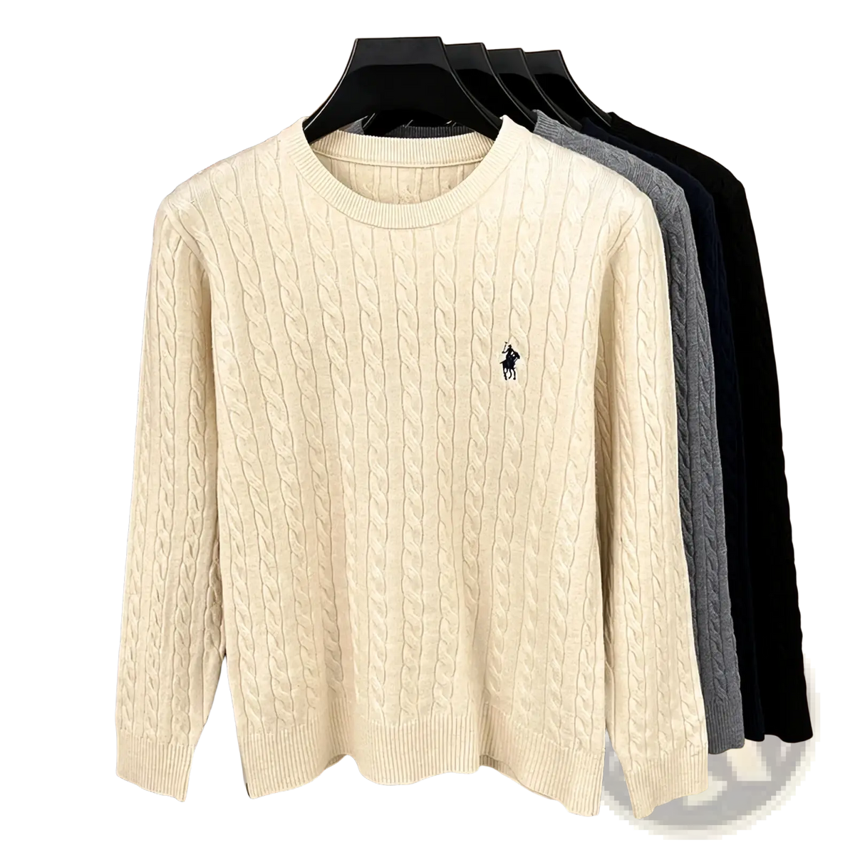 Men embroidered cable knit cream-colored sweater with small embroidered polo player logo on the chest