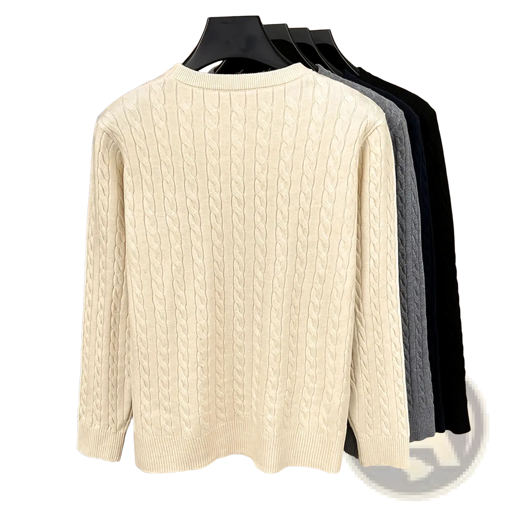 Cream-colored men embroidered cable knit sweater with ribbed crew neck and cuffs in soft knitted fabric