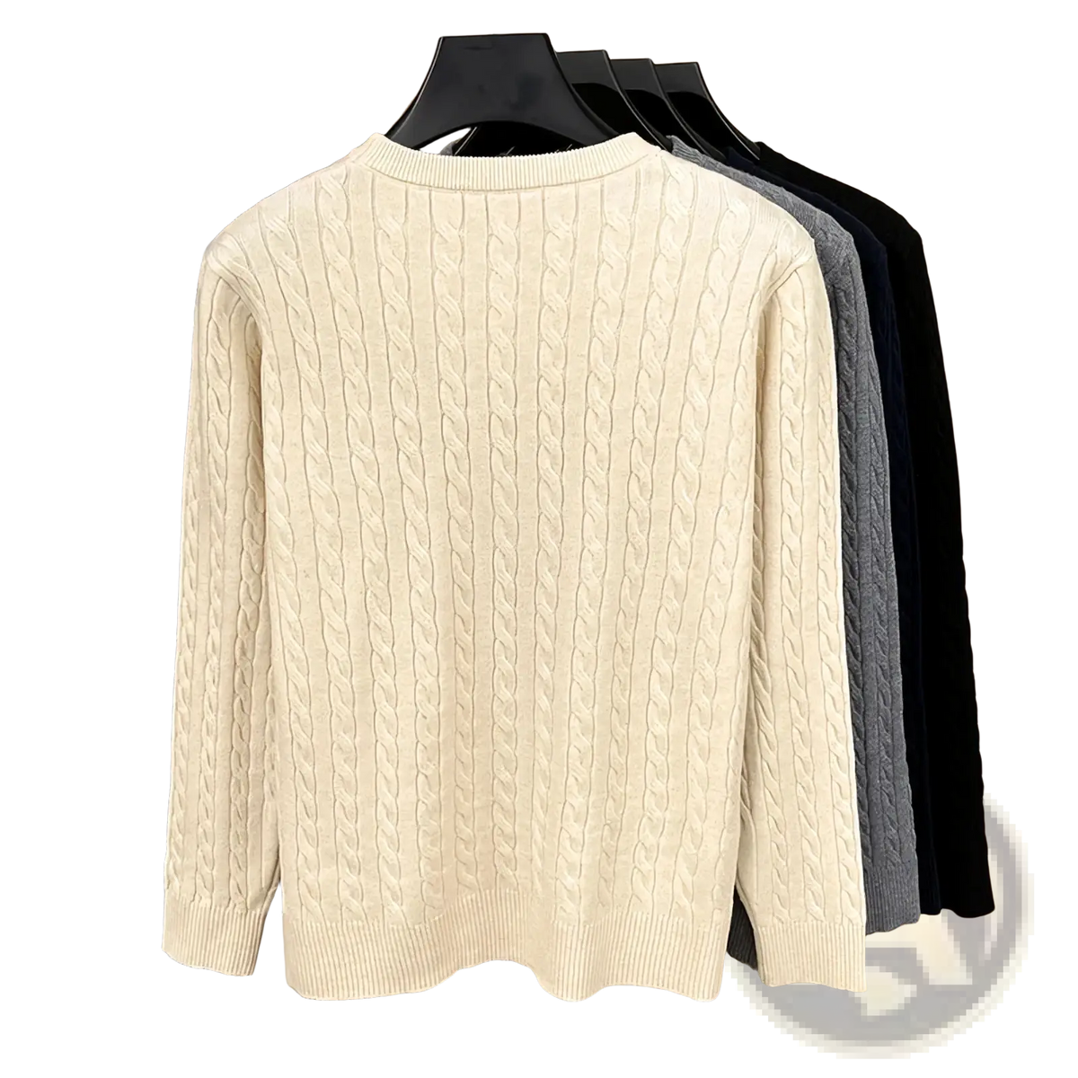 Cream-colored men embroidered cable knit sweater with ribbed crew neck and cuffs in soft knitted fabric