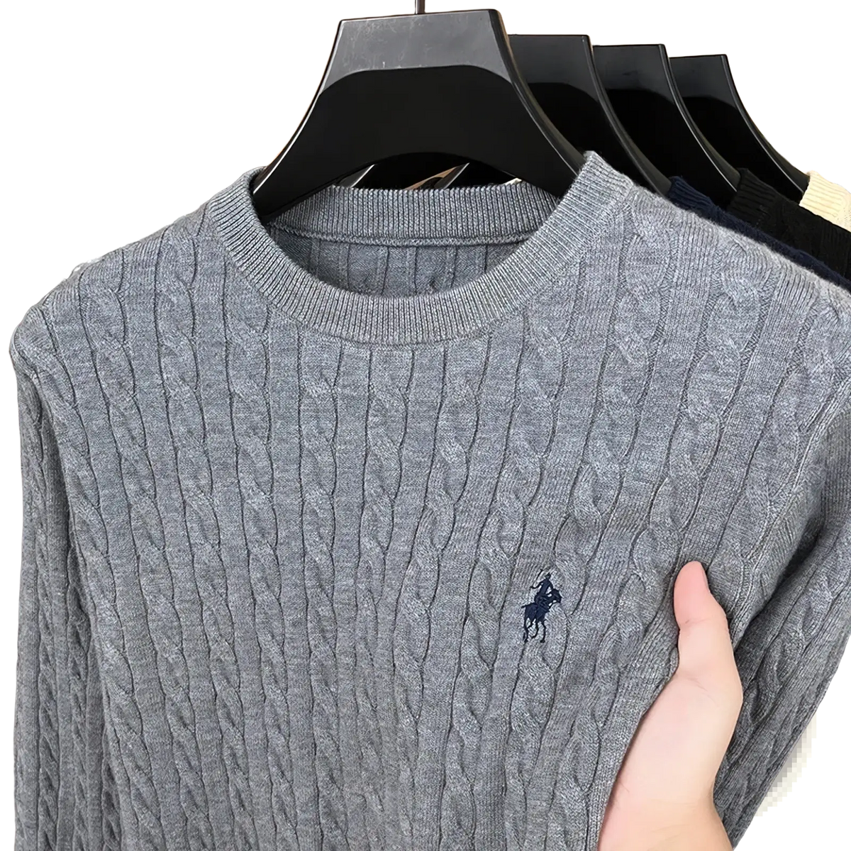 Men embroidered cable knit sweater in gray with navy blue embroidered polo player logo on the chest