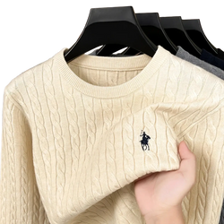 Men embroidered cable knit sweater in cream with navy blue embroidered polo ralph lauren logo on chest