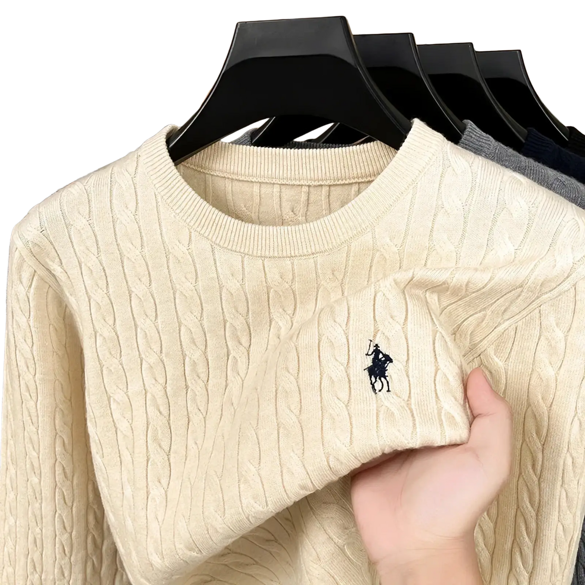 Men embroidered cable knit sweater in cream with navy blue embroidered polo ralph lauren logo on chest