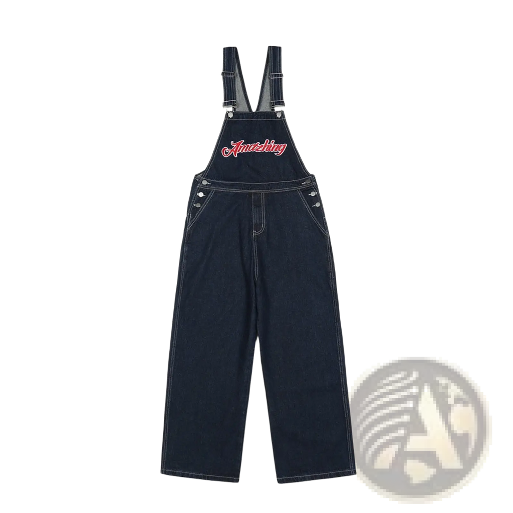 Men embroidered dark blue denim overalls featuring red embroidered lettering across the chest front