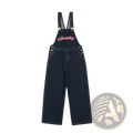 Men embroidered dark blue denim overalls featuring red embroidered lettering across the chest front