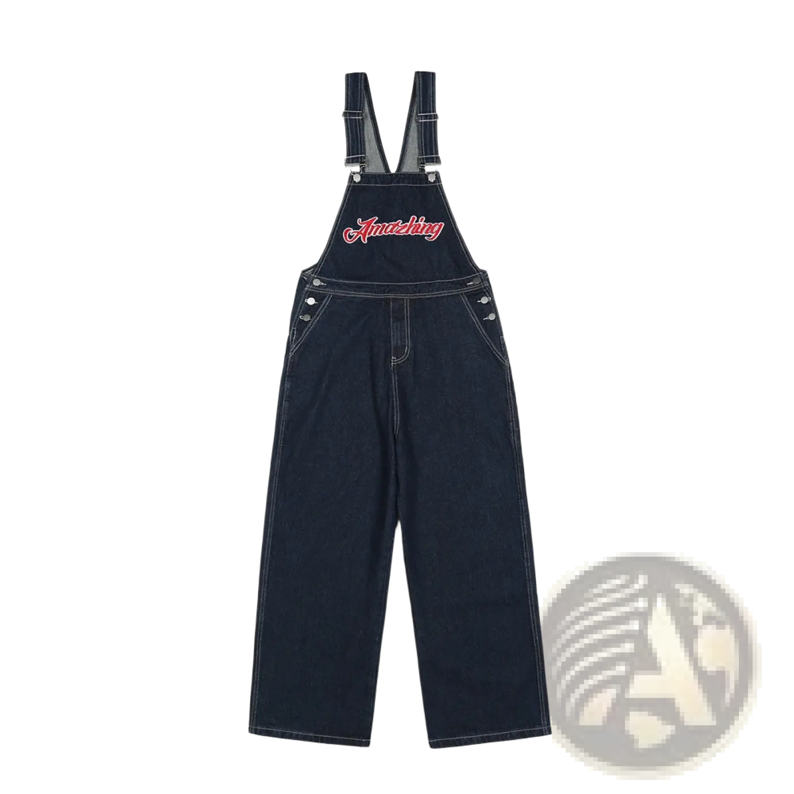 Men embroidered dark blue denim overalls featuring red embroidered lettering across the chest front