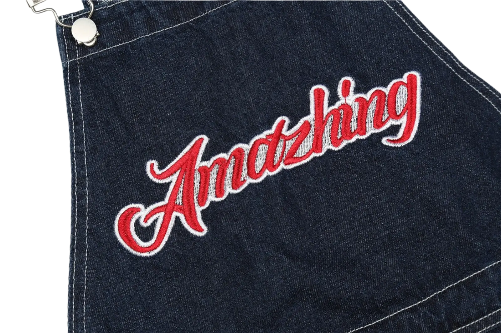 Men embroidered dark blue denim overalls with bold red and white embroidered amazing script on the front