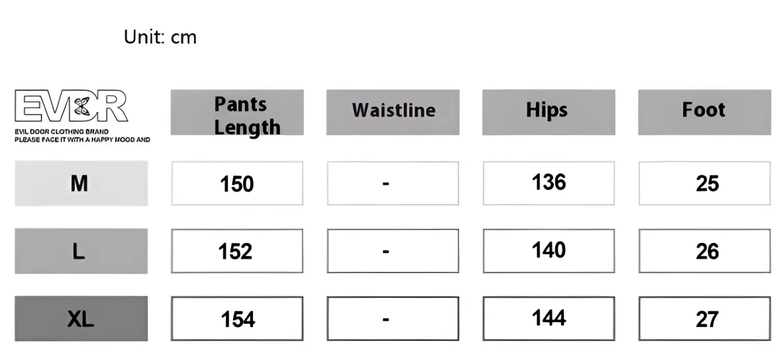 Evbr brand pants size chart showing measurements in centimeters for medium large and extra-large men embroidered dark blue denim overalls