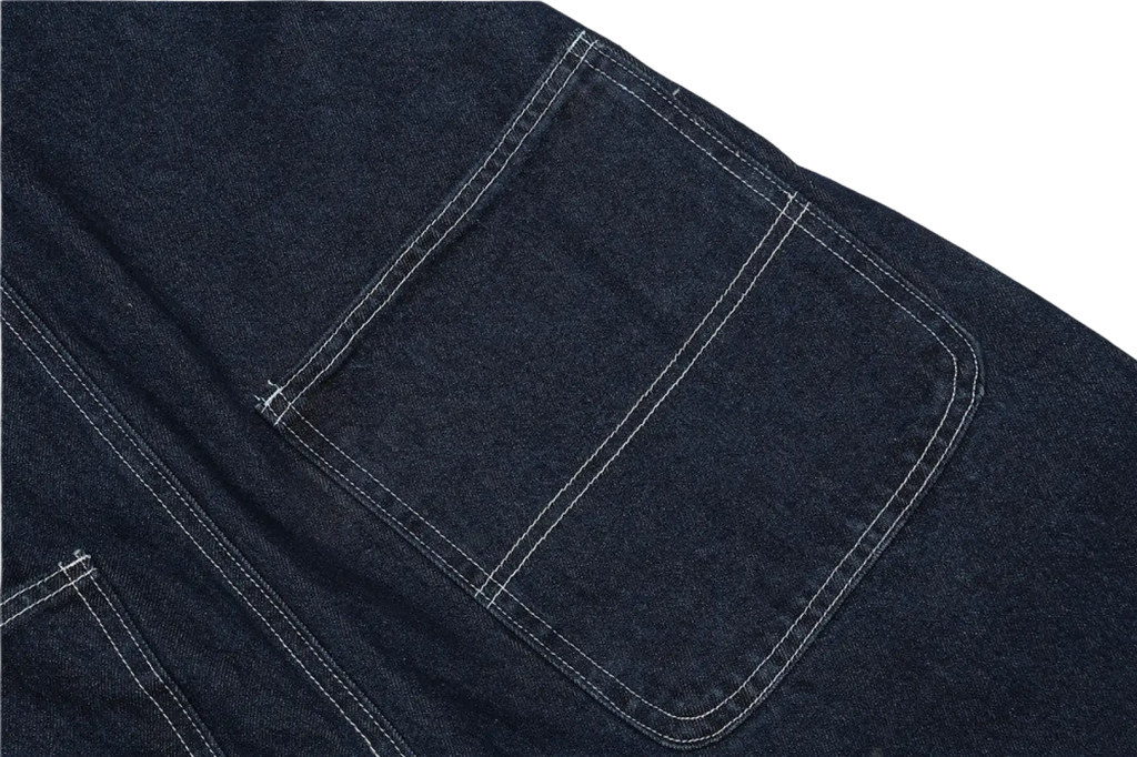 Men embroidered dark blue denim overalls showing dark indigo denim pocket with contrasting white stitching detail