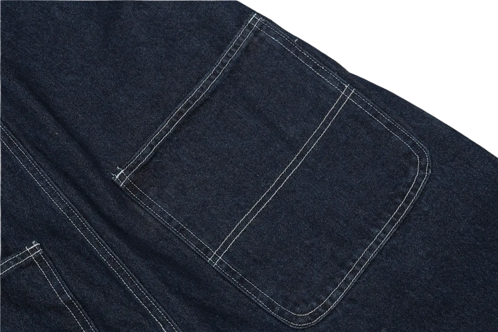 Men embroidered dark blue denim overalls showing dark indigo denim pocket with contrasting white stitching detail