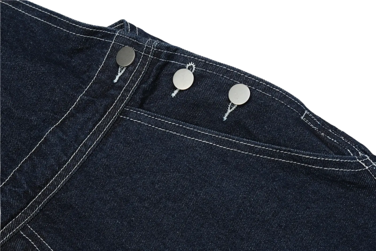 Men embroidered dark blue denim overalls featuring three silver-toned metal buttons along the waistband