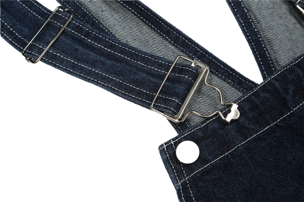 Men embroidered dark blue denim overalls with white stitching and silver-toned metal buckles front view