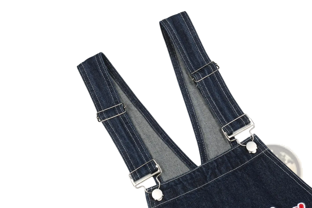 Men embroidered dark blue denim overalls with silver toned metal buckles and adjustable straps