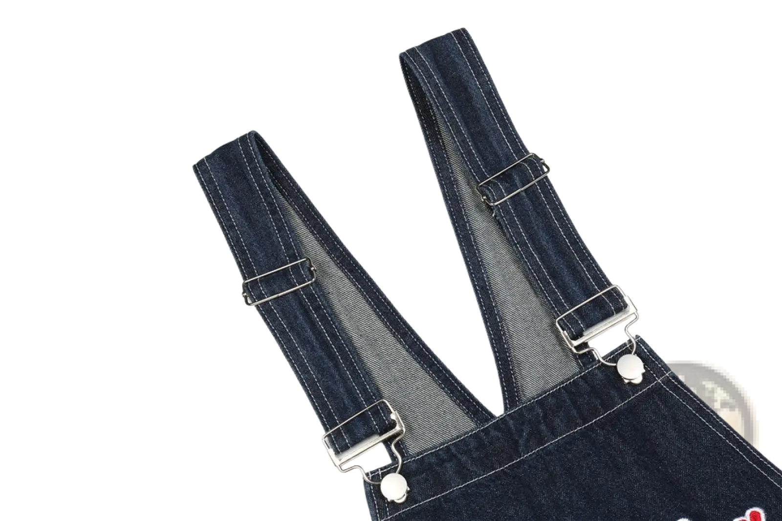 Men embroidered dark blue denim overalls with silver toned metal buckles and adjustable straps