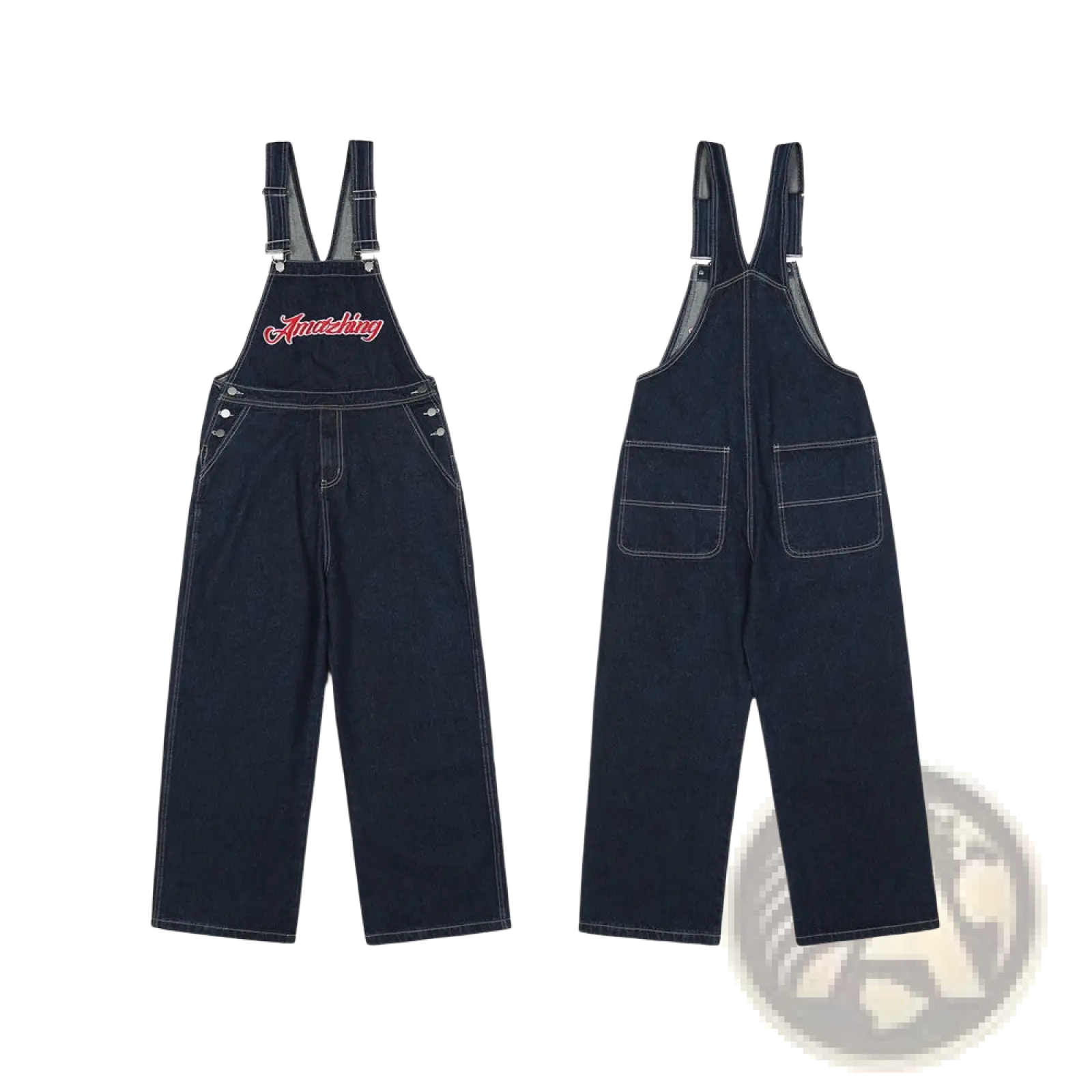 Men embroidered dark blue denim overalls with white stitching and red amazings logo on the front