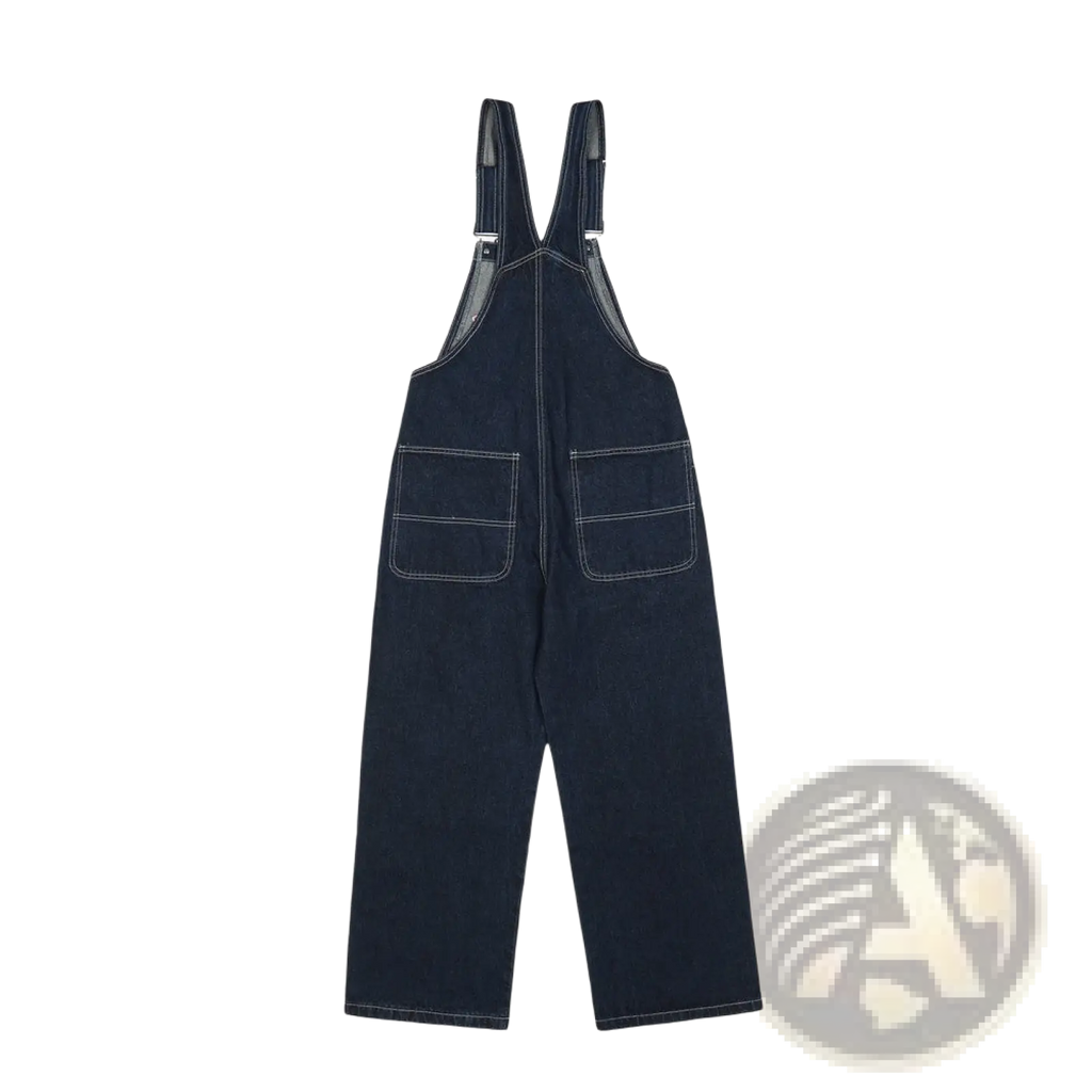 Men embroidered dark blue denim overalls with contrasting white stitching and wide legs made of durable denim material